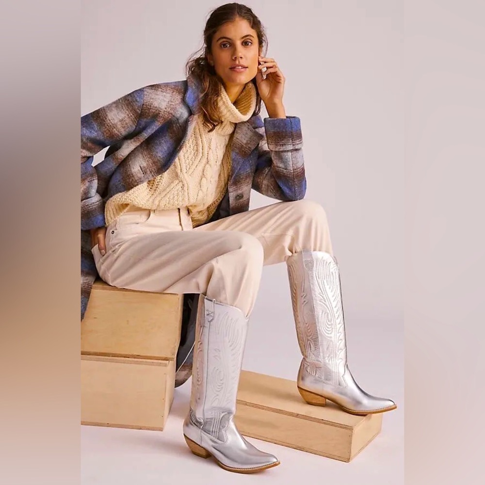 FREE PEOPLE BY JEFFREY CAMPBELL KNEE HIGH WESTERN CALVERA BOOTS IN SILVER